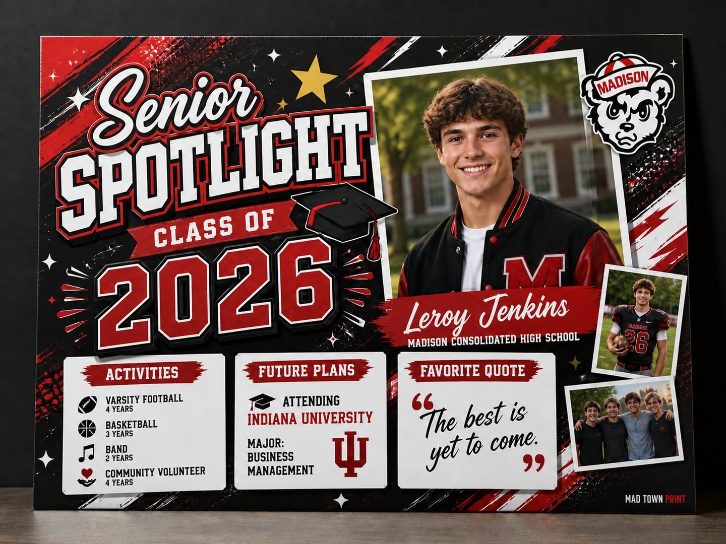 Custom senior spotlight display board example by Mad Town Print